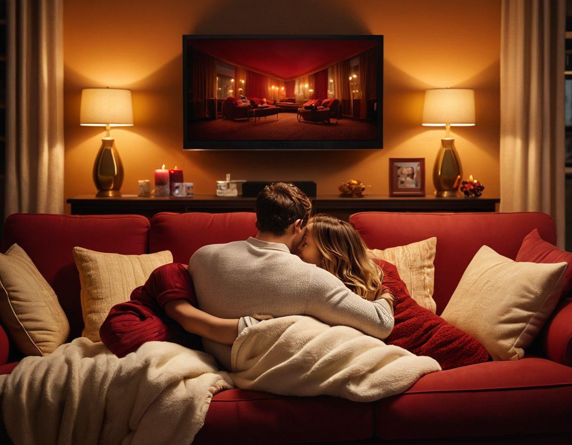 A cozy, dimly lit living room with a couple snuggling on a couch, watching a TV screen glowing with heartwarming romantic scenes from various series. Surround them with soft pillows, candles, and a bowl of popcorn, evoking a warm, inviting atmosphere. The season's colors like deep reds and golds fill the scene to enhance the romantic feel. Include hints of streaming icons subtly in the background. super-realistic. warm tones. cozy ambiance.