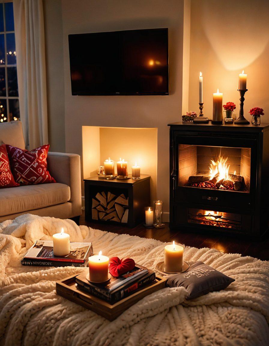 A cozy living room setting with a warm fireplace, plush couches adorned with heart-shaped pillows, and a stack of romantic show DVDs. Soft ambient lighting creates a dreamy atmosphere, while a couple snuggles under a blanket watching a heartwarming scene on a flat-screen TV. Various romantic elements like flowers and candles enhance the aura. vibrant colors. super-realistic.