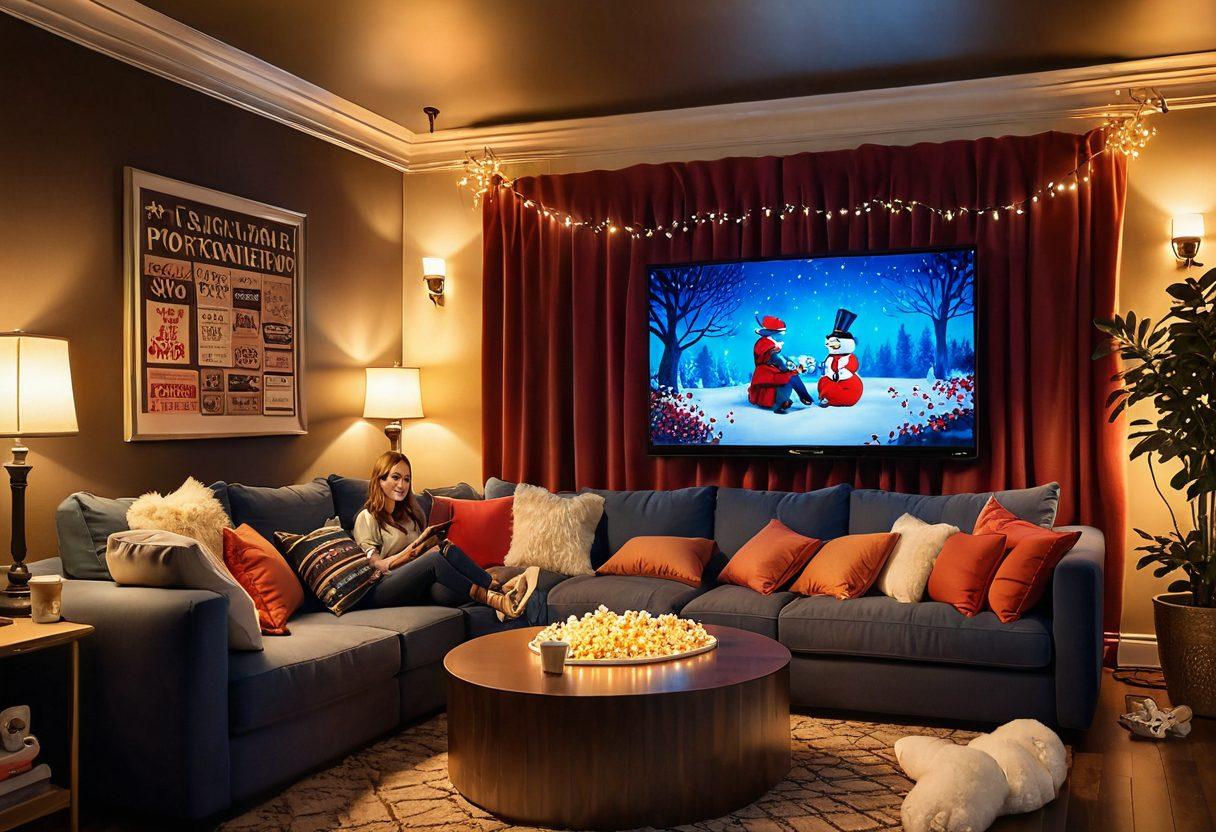 A cozy living room scene with a couple snuggled on a couch, surrounded by popcorn and vibrant streaming interfaces, showcasing romantic movie titles on big screens. Heart-shaped pillows and fairy lights create a warm atmosphere, while whimsical illustrations of love adventures float around, inviting the viewer into a dreamy world of passionate storytelling. super-realistic. vibrant colors. soft lighting.